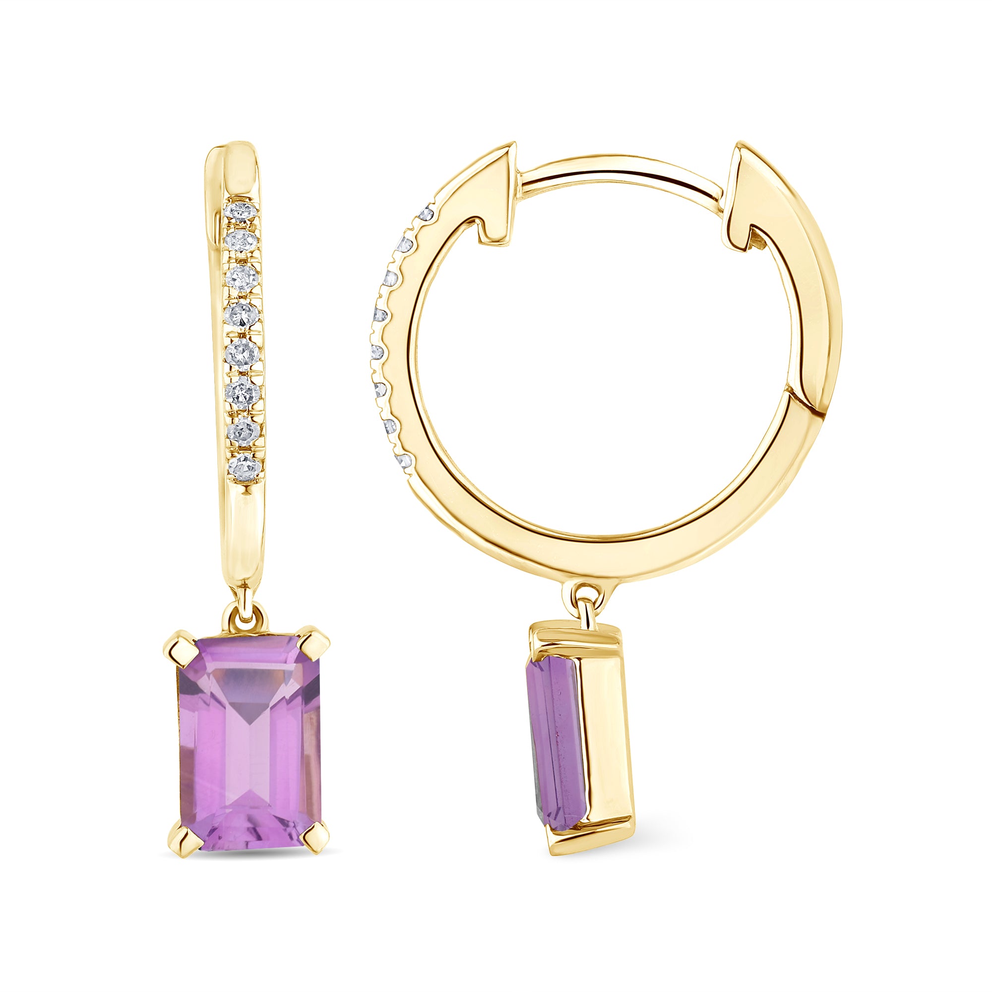 Boucles d'oreilles Purple Améthyste Emeraude 6x4 + 6 Diamants 0,06 Carat