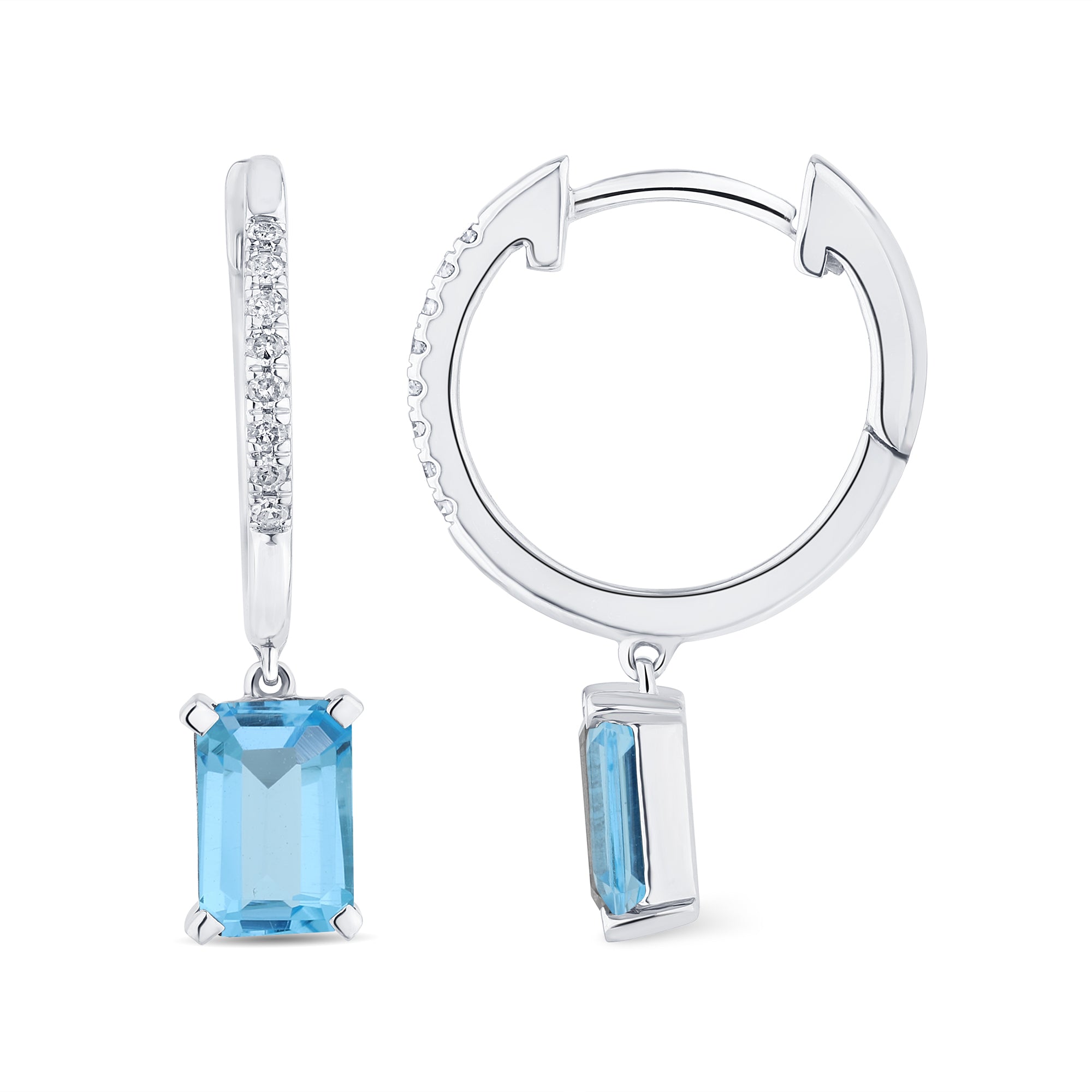 Boucles d'oreilles Swiss Blue Topaze Emeraude 6x4 + 6 Diamants 0,06 Carat