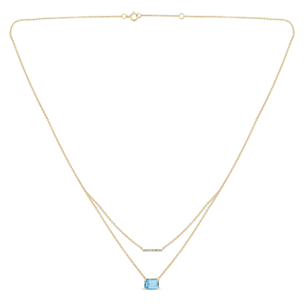 Collier 1 Swiss Blue Topaze Emeraude 7x5 + 8 Diamants 0,03 Carats