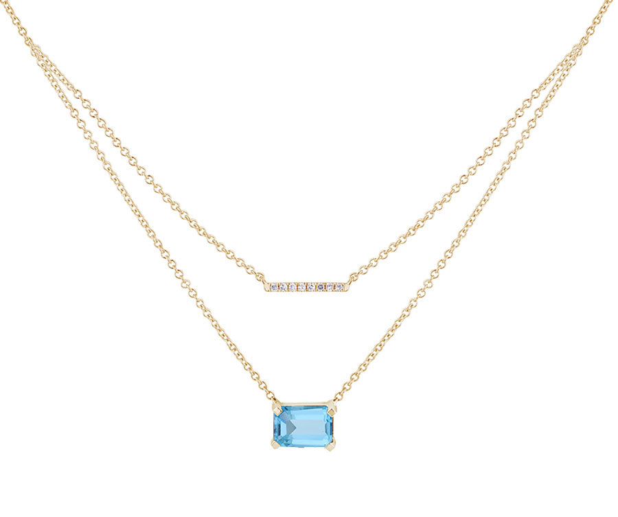 Collier 1 Swiss Blue Topaze Emeraude 7x5 + 8 Diamants 0,03 Carats