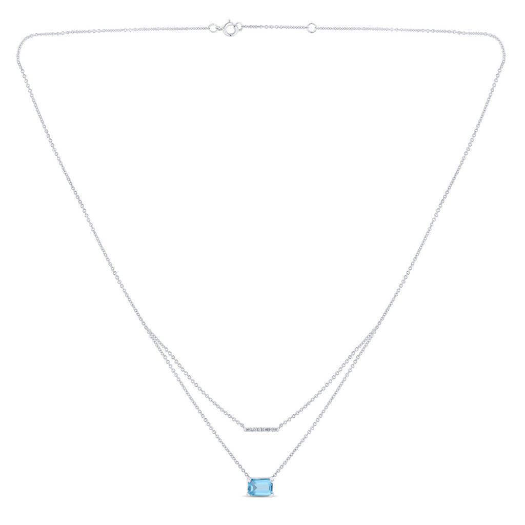 Collier 1 Swiss Blue Topaze Emeraude 7x5 + 8 Diamants 0,03 Carats